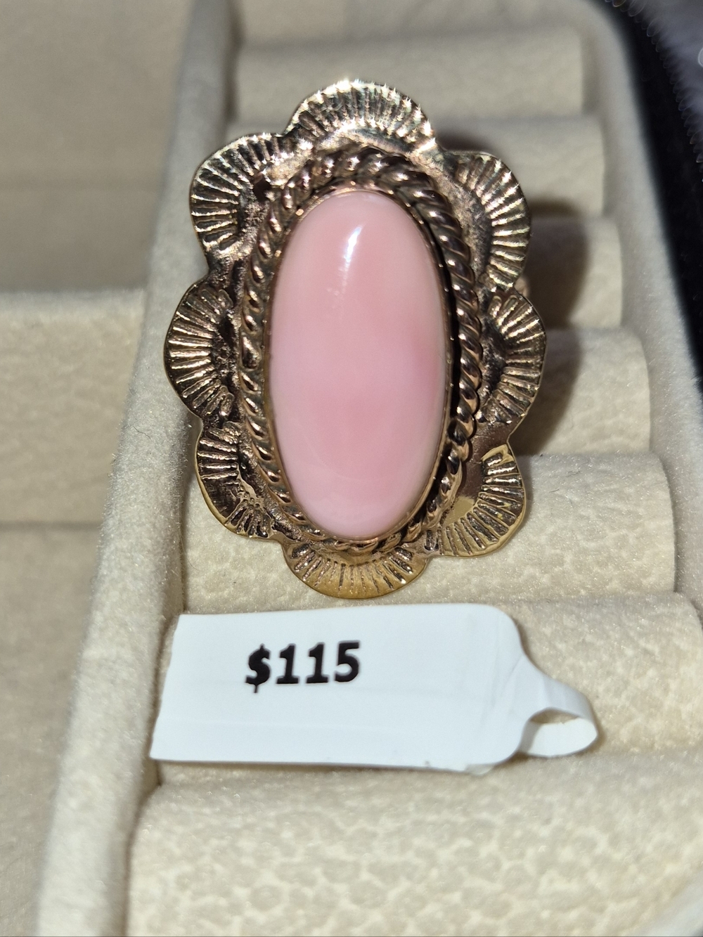 Delicate Pink Cabochon Floral Ring in Gold Tone